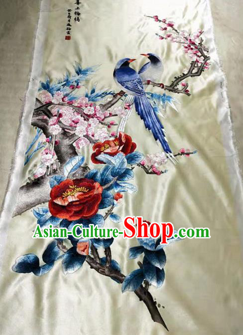 Chinese Handmade Embroidered Camellia Magpie Silk Fabric Patch Traditional Embroidery Craft