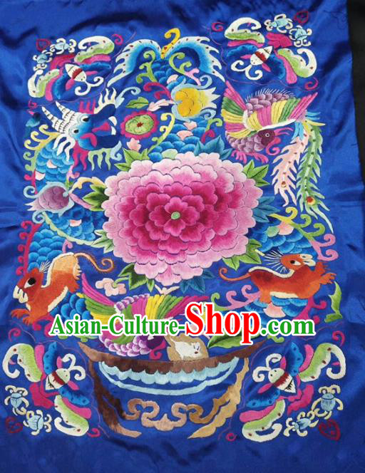 Chinese Handmade Embroidered Peony Royalblue Silk Fabric Patch Traditional Embroidery Craft