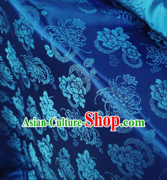 Traditional Chinese Royal Chrysanthemum Peony Pattern Design Royalblue Brocade Silk Fabric Asian Satin Material