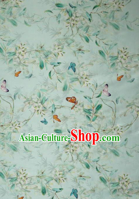 Chinese Traditional Bamboo Leaf Butterfly Pattern Design Green Satin Brocade Fabric Asian Silk Material