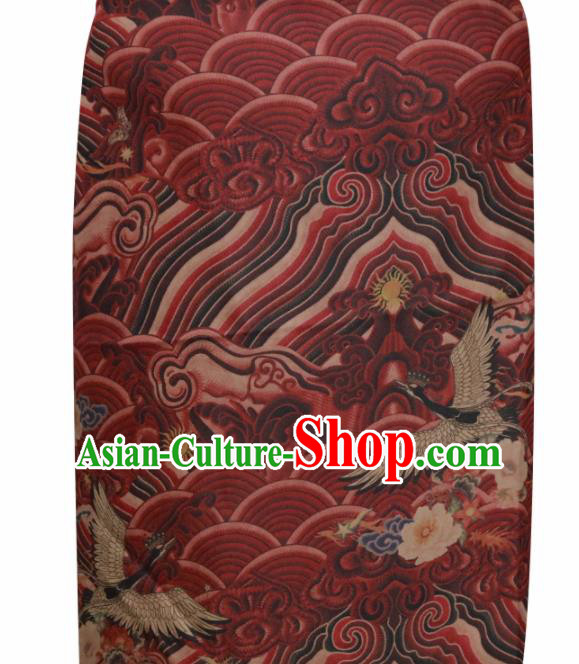 Chinese Traditional Wave Crane Pattern Design Red Satin Brocade Fabric Asian Silk Material