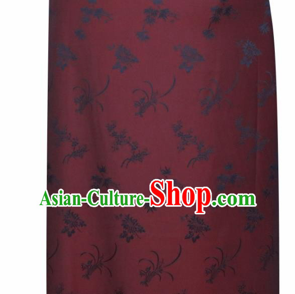 Chinese Traditional Chrysanthemum Orchid Pattern Design Wine Red Satin Brocade Fabric Asian Silk Material