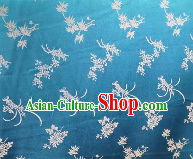 Chinese Traditional Chrysanthemum Orchid Pattern Design Blue Satin Brocade Fabric Asian Silk Material