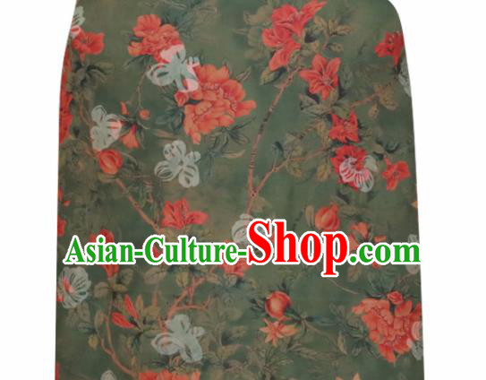 Chinese Traditional Pomegranate Flowers Pattern Design Olive Green Satin Brocade Fabric Asian Silk Material
