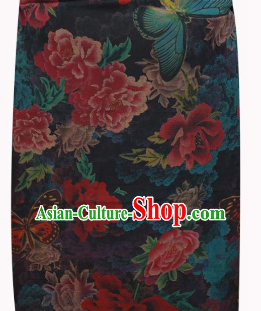 Chinese Traditional Peony Flowers Pattern Design Navy Satin Brocade Fabric Asian Silk Material