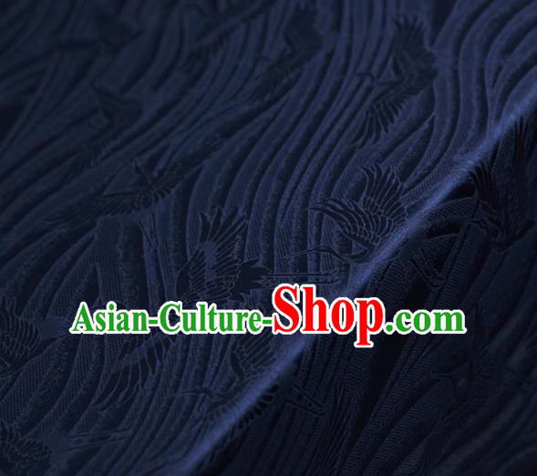 Chinese Traditional Flow Cranes Pattern Design Navy Satin Brocade Fabric Asian Silk Material