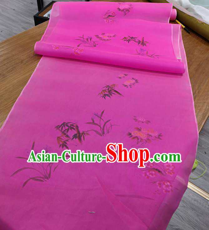 Chinese Traditional Plum Blossoms Orchid Bamboo Chrysanthemum Pattern Design Rosy Silk Fabric Brocade Asian Satin Material