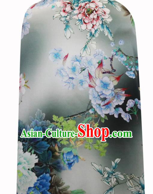 Chinese Traditional Peach Blossom Pattern Design Grey Satin Brocade Fabric Asian Silk Material