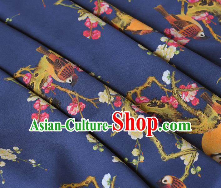 Chinese Traditional Plum Birds Pattern Design Cheongsam Navy Satin Brocade Fabric Asian Silk Material