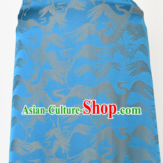 Chinese Traditional Cranes Pattern Design Cheongsam Blue Satin Brocade Fabric Asian Silk Material