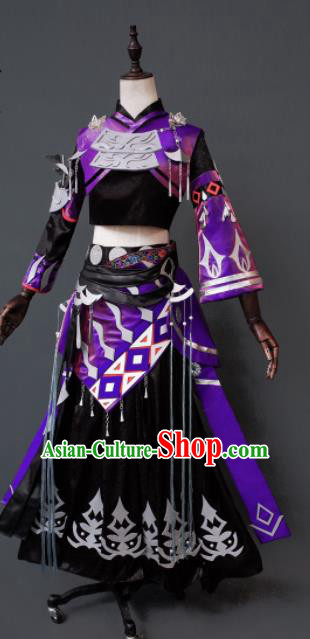Chinese Ancient Cosplay Heroine Assassin Purple Dress Traditional Hanfu Female Swordsman Costume for Women
