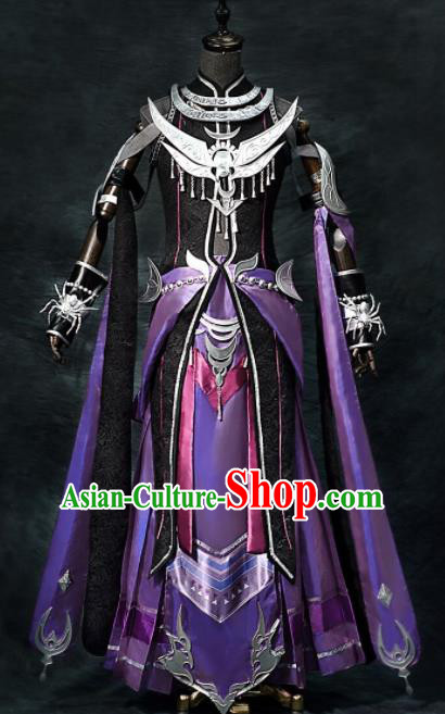 Chinese Ancient Cosplay Heroine Female General Armor Purple Dress Traditional Hanfu Swordsman Costume for Women