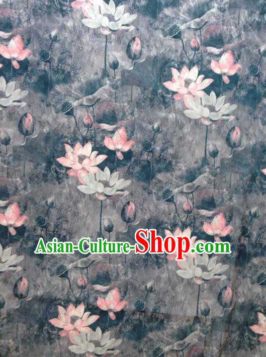 Chinese Traditional Lotus Pattern Design Grey Satin Hanfu Brocade Fabric Asian Silk Material
