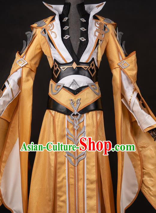 Chinese Ancient Drama Cosplay Knight King Golden Clothing Traditional Hanfu Swordsman Costume for Men