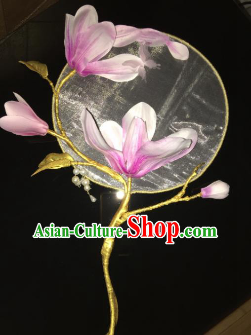 Chinese Ancient Cosplay Hanfu Palace Fan Traditional Handmade Yulan Magnolia Round Fans for Women