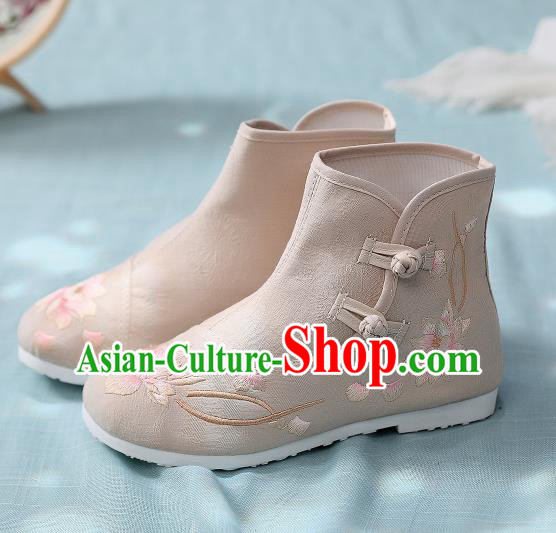 Asian Chinese Traditional Embroidered Lotus Khaki Boots Hanfu Shoes National Cloth Shoes for Women