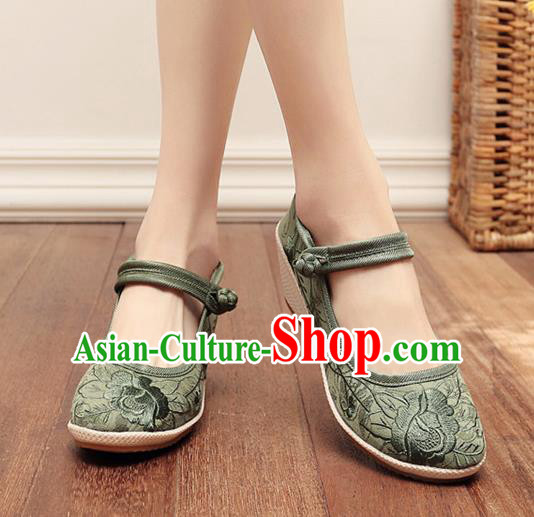 Asian Chinese Traditional Embroidered Peony Green Shoes Hanfu Shoes National Cloth Shoes for Women