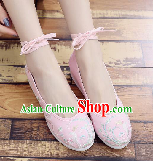Asian Chinese Classical Dance Embroidered Deer Pink Shoes Traditional Hanfu Shoes National Cloth Shoes for Women