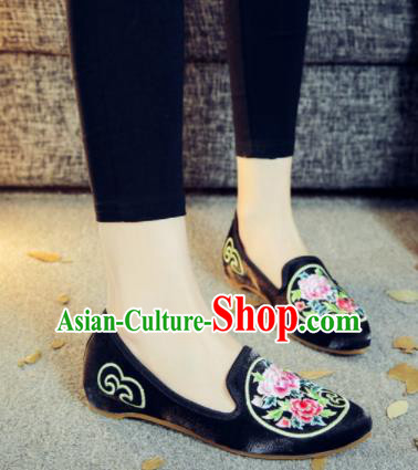 Asian Chinese National Black Cloth Shoes Embroidered Peony Dance Shoes Traditional Hanfu Shoes for Women