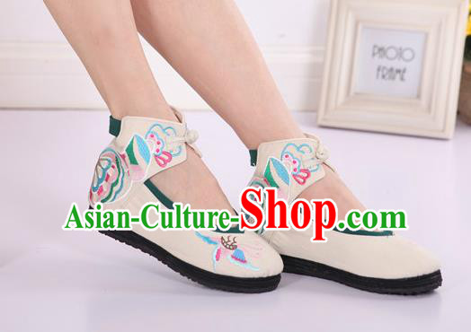 Asian Chinese National Embroidered Butterfly White Cloth Shoes Classical Dance Shoes Traditional Hanfu Shoes for Women