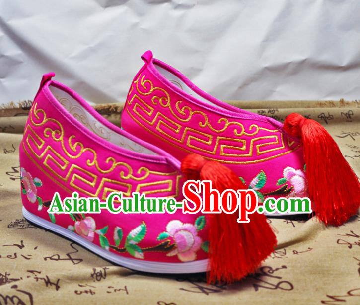 Asian Chinese Traditional Beijing Opera Rosy Embroidered Shoes Ancient Princess Shoes Hanfu Shoes for Women