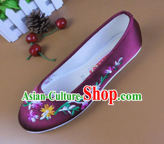 Asian Chinese National Embroidered Daisy Wine Red Shoes Ancient Princess Satin Shoes Traditional Hanfu Shoes for Women