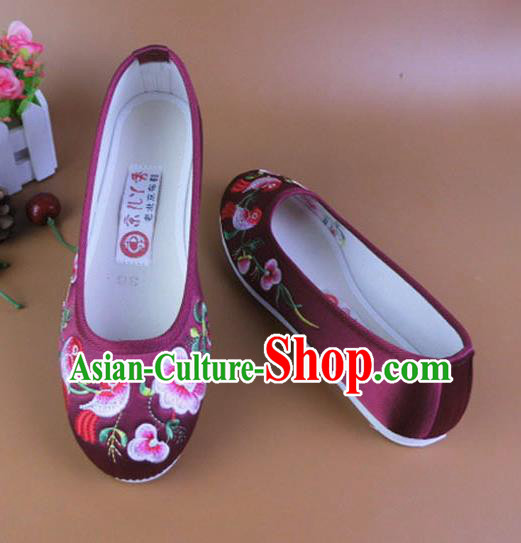 Asian Chinese National Embroidered Peach Blossom Wine Red Shoes Ancient Princess Satin Shoes Traditional Hanfu Shoes for Women