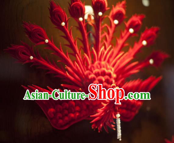 Handmade Chinese Ancient Qing Dynasty Red Velvet Phoenix Hairpins Traditional Court Hanfu Hair Accessories for Women