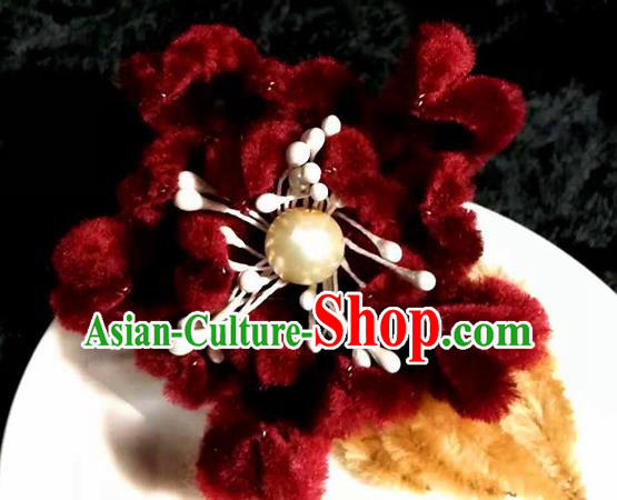 Handmade Chinese Ancient Qing Dynasty Wine Red Velvet Chrysanthemum Hairpins Traditional Court Hanfu Hair Accessories for Women