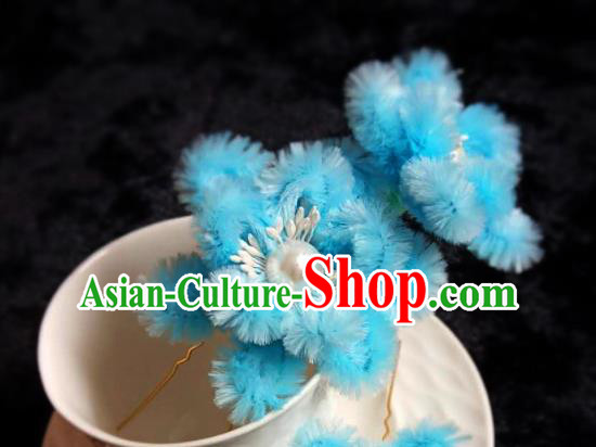 Handmade Chinese Ancient Qing Dynasty Blue Velvet Hibiscus Hairpins Traditional Court Hanfu Hair Accessories for Women