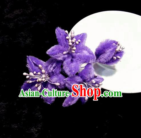 Chinese Handmade Qing Dynasty Court Purple Velvet Campsis Hairpins Traditional Ancient Hanfu Hair Accessories for Women