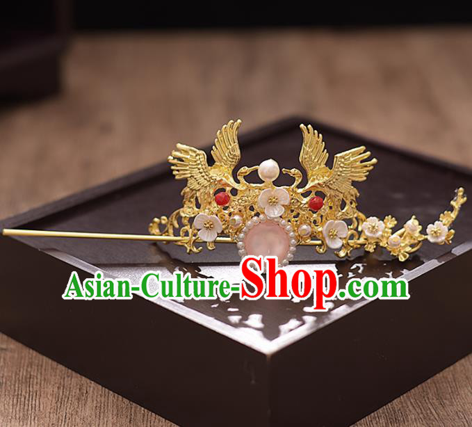 Chinese Ancient Bride Golden Crane Hairdo Crown Hairpins Traditional Hanfu Wedding Hair Accessories for Women