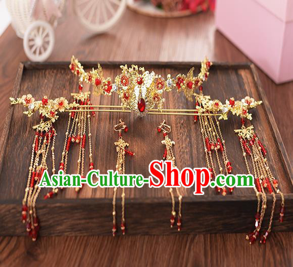Chinese Ancient Bride Red Crystal Phoenix Coronet Hairpins Traditional Hanfu Wedding Hair Accessories for Women