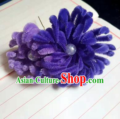 Chinese Ancient Court Purple Velvet Chrysanthemum Hairpins Traditional Hanfu Handmade Hair Accessories for Women