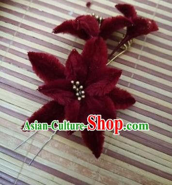 Chinese Ancient Court Wine Red Velvet Lily Flowers Hairpins Traditional Hanfu Handmade Hair Accessories for Women