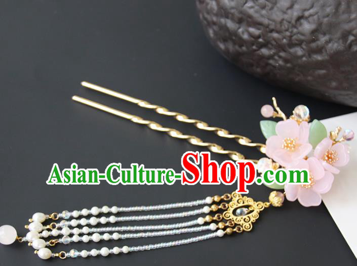 Chinese Ancient Princess Pink Flowers Tassel Hairpins Traditional Handmade Hanfu Hair Accessories for Women