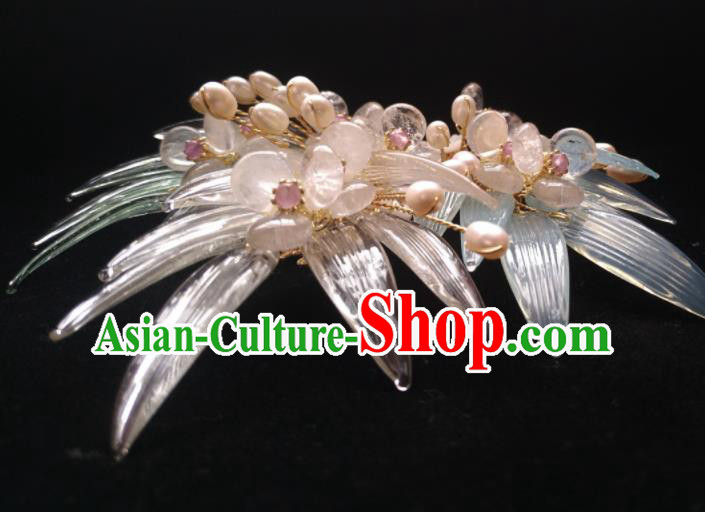Chinese Ancient Princess Bamboo Leaf Pearls Hair Claws Hairpins Traditional Handmade Hanfu Hair Accessories for Women