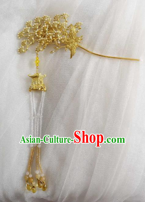 Chinese Ancient Princess Golden Pine Tassel Hairpins Traditional Handmade Hanfu Hair Accessories for Women