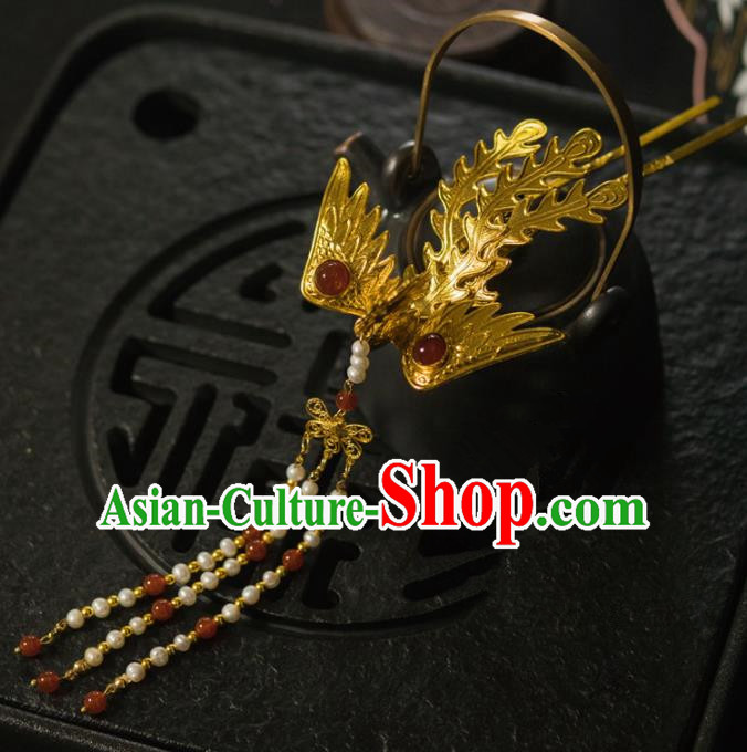 Chinese Ancient Princess Golden Phoenix Tassel Hairpins Traditional Handmade Hanfu Hair Accessories for Women