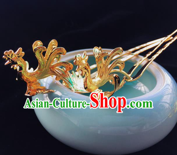 Chinese Ancient Princess Golden Phoenix Hair Clip Hairpins Traditional Handmade Hanfu Hair Accessories for Women