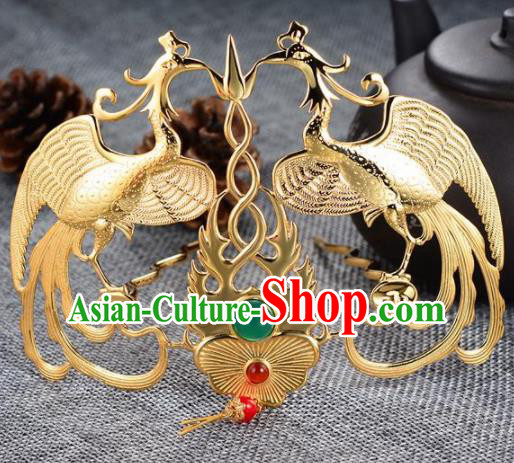 Chinese Ancient Princess Phoenix Hair Crown Golden Hairpins Traditional Handmade Hanfu Hair Accessories for Women