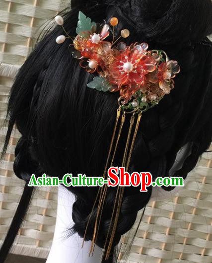 Chinese Ancient Princess Red Peony Tassel Hair Claw Hairpins Traditional Handmade Hanfu Hair Accessories for Women