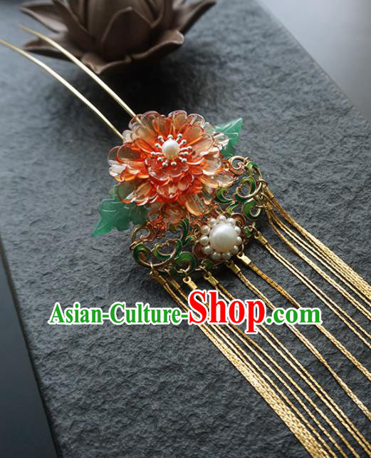 Chinese Ancient Princess Red Peony Tassel Hairpins Traditional Handmade Hanfu Hair Accessories for Women