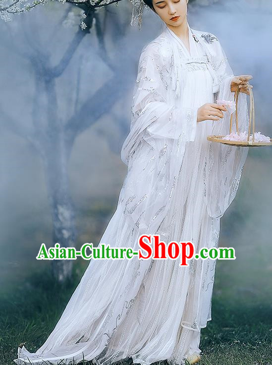Traditional Chinese Tang Dynasty Imperial Consort White Hanfu Dress Ancient Flower Goddess Replica Costumes for Women