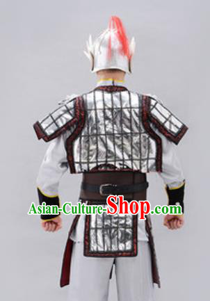 Traditional Chinese Tang Dynasty Warrior Argent Helmet and Armour Ancient Drama General Costumes for Men