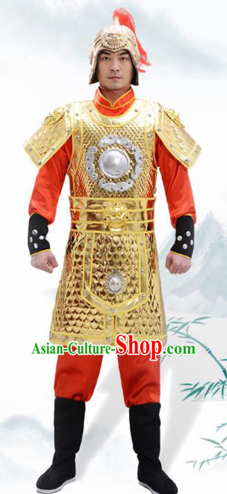 Traditional Chinese Han Dynasty Warrior Golden Helmet and Armour Ancient Drama General Costumes for Men