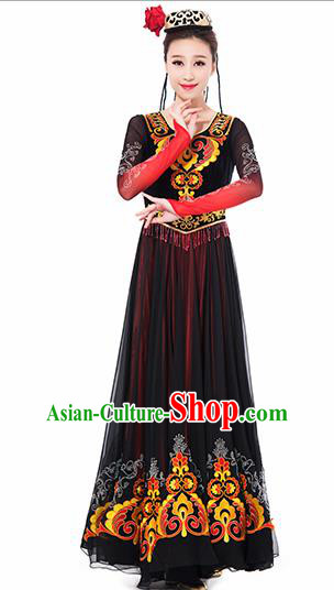 Traditional Chinese Uyghur Nationality Ethnic Costume Uigurian Minority Dance Black Dress for Women