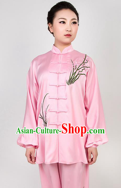 Chinese Traditional Martial Arts Embroidered Orchid Pink Costume Best Kung Fu Competition Tai Chi Training Clothing for Women