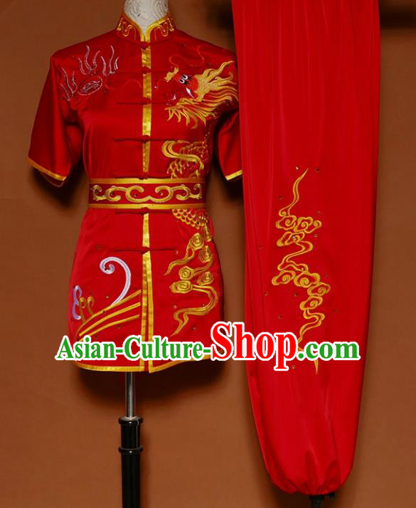 Chinese Traditional Martial Arts Competition Embroidered Dragon Red Costume Kung Fu Tai Chi Training Clothing for Men