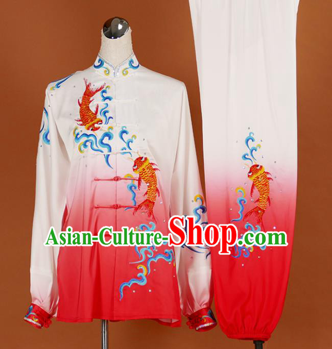 Chinese Traditional Best Martial Arts Embroidered Carp Rosy Costume Kung Fu Competition Tai Chi Clothing for Women